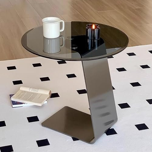 JFUNANQH Runder Beistelltisch aus Glas für die Couch, C-förmiger Beistelltisch mit Platte aus gehärtetem Glas, Kleiner Sofatisch mit Metallrahmen, runder Couchtisch für das Wohnzimmer (Größ