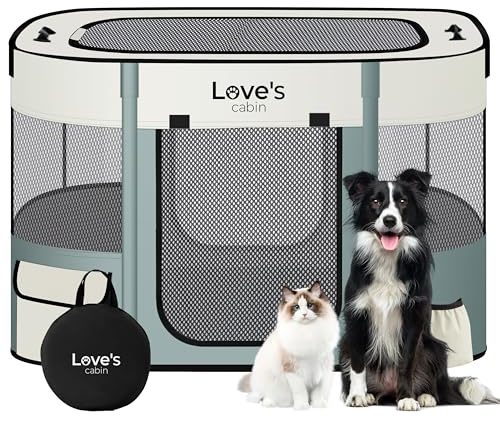 Love's cabin Pet Puppy Dog Playpen, Large Dog Tent Crates Cage Indoor/Outdoor, Portable Exercise Playpen for Cat, Foldable Pop Up Dog Kennel Playpen with Carring Case (L, Gray Green)