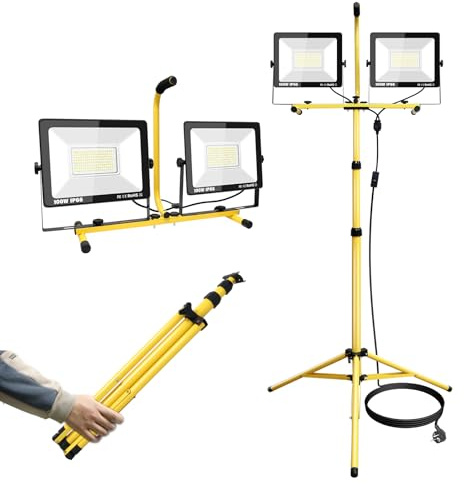 SKYWORLD 200 W 20000 lm LED-Baustrahler mit Stativ – Kaltweiß 6000 K – Spannungsbereich 220 V–240 V – Industrie-/Außen-/Innenbeleuchtung (Garage, Garten, Werkstatt)