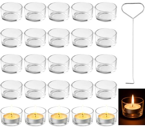 Ferenando 25 Pcs Tea Light Candle Holders, Glass Tealight Holders Ø4.5 X H2.5cm with Extinguishing Hook, Glass Candle Holder for Weddings, Christmas, Parties, Birthdays & Table Decoration
