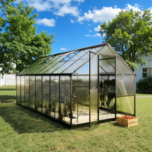 8x16 FT Greenhouse, Polycarbonate Green House with Quick Setup Structure and Roof Vent, Aluminum Large Walk-in Greenhouse for Outside Garden Backyard, Black