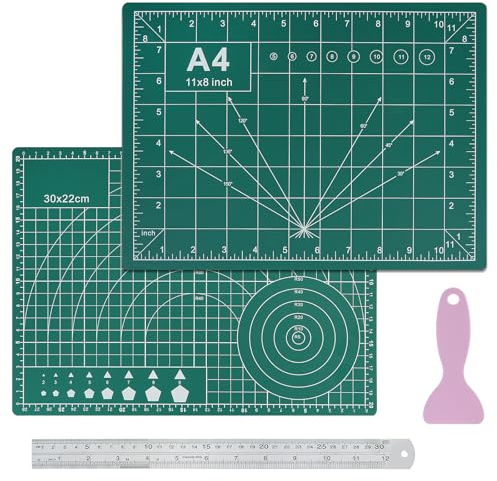 COEWUR Self Healing Sewing Mat, Double Sided Craft Cutting Board with Stainless Steel Ruler, Non-Slip 3-Ply Craft Cutting Mat for Sewing Crafts Hobby Fabric Precision Scrapbooking Project(A4)