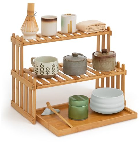 Kathfly 14.6 2-tier Matcha Station Shelf Stand with 13 Bamboo Matcha Tea Serving Tray Coffee Station Organizer Coffee Bar Storage Rack Mug Holder Countertop for Desktop Flower Pot Cup(Bamboo Color)