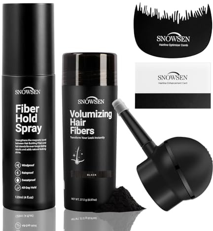Hair Fibres for Thinning Hair, Black, SNOWSEN Professional 5 in1 Hair & Beard Styling Set, Include Applicator Pump, Fibre Hold Spray, Application Card, Hairline Comb,Hair Powder for Women & Men