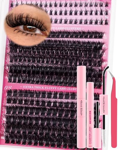 Ykeoo Cluster Lashes Kit with Lash Glue & Remover 100D+120D+Bottom Lashes Fluffy Volume 300pcs Individual Eyelashes Kit 10-16mm DIY Eyelash Extension Kit D Curl Strip Eye Lashes Clusters
