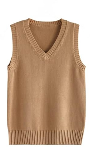 Dawwoti Women Knitted Sweater Vests Sleeveless Jumpers Cotton Tank Top Basic Knitwear Brown