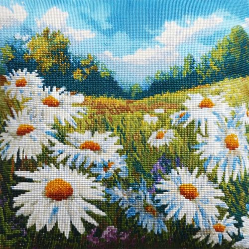 Kitquiver Latch Hook Craft Kits White Daisy Flowers Landscape Latch Hook Kit Pillow DIY Rug Crochet Hook Cushion Making Kits with Preprinted Pattern Canvas 43x43cm