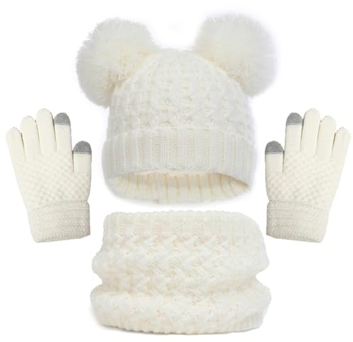 Generisch Gorro de invierno para niños, guantes y bufandas, conjunto de sombreros con pompón de punto, calentador de cuello, manoplas, forro polar, conjunto de ropa infantil, Blanco, 1-6 años