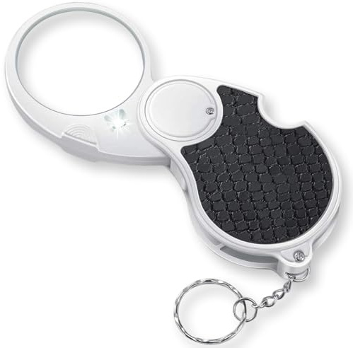 Lente Ingrandimento con luce, 5X Lente di Ingrandimento Pieghevole, Lupe Portatile con Portachiavi, Maniglia in Pelle Antiscivolo, Lente 45mm, Ideale per Leggere, Monete, Hobby, Viaggi, Uso Quotidiano