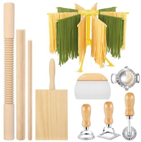 10 Pcs Gnocchi Pasta Making Tools kit, Pasta Drying Rack, Gnocchi Board, Cutter, Ravioli Stamp, Wood Threaded Pasta Roller Pin Set, Noodle and Dumplings Maker, Homemade Kitchen Gift for Pasta Lovers