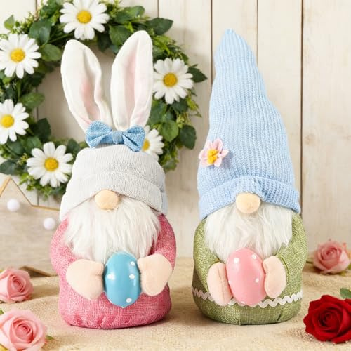 Jiahuade 2 Stück Ostern Deko Wichtel,Handgemachte Plüsch Osterhasen Zwerg mit Eiern,Osterhasen Wichtel Plüsch,Oster Wichtel Groß,Ostern Frühling Wichtel,Osterhase Wichtel Dekor Urlaub Dekoration