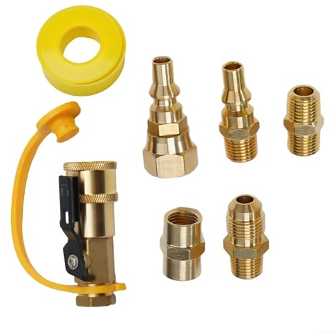 Kit adattatore per raccordi a innesto rapido per propano per camper, da 3/8 a tubo maschio da 1/4 con valvola di intercettazione, connettore in ottone per griglia a gas naturale, set di 7 attrezzi