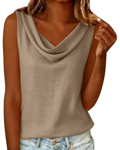 Débardeurs Femme en Lin Debardeur Coton Col Drape Chic et ÉLégant | Chemise et Blouses Mode Vetement Funky Haut Décontracté Sans Manches Soirée Business Top