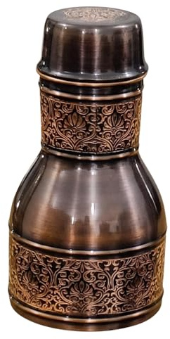 COPPAYA Antique Embossed Pure Copper Bedside Carafe with Tumbler – 1L (34oz) Water Pitcher Bedroom Bottle for Home, Yoga & Ayurveda – Decorative Vintage Jug