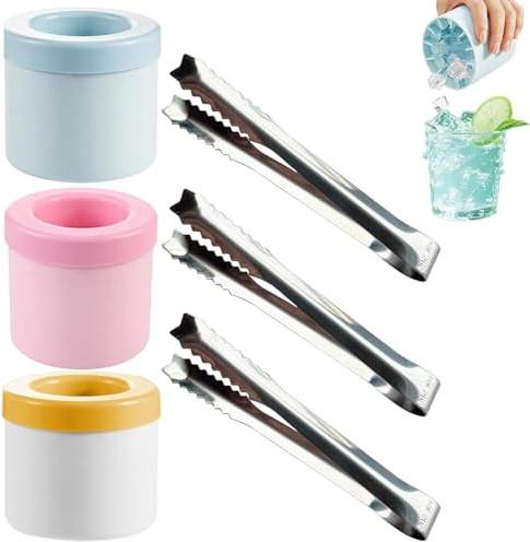 Mini Ice Cube Trays Silicone, 3 Pack Small Ice Cube Tray Bucket with Lids and 3Pc Tongs, Freezer Trays for Home Use, 6.5 x 5cm Silicone Cups with 12.5cm Tongs