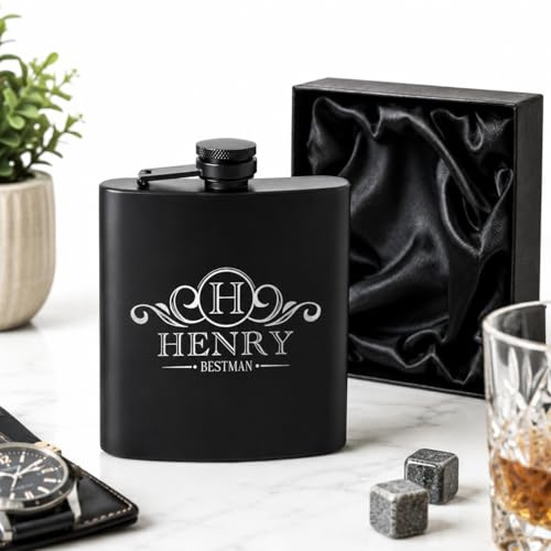 Personalised Hip Flask for Men - Engraved Whisky Flask Gift Set | Groomsmen Gifts, Milestone Birthday Gifts, Best Man Gifts, Stainless Steel Whiskey Gift Set, Leather Hip Flask Set