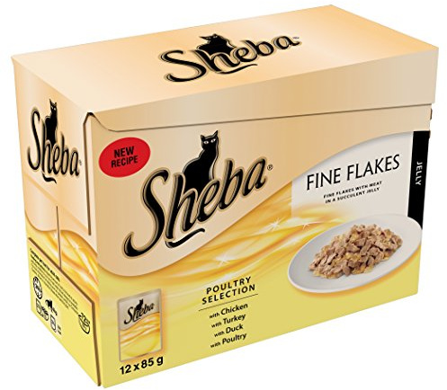 Sheba Fine Flakes in Jelly – Poultry Collection – Wet Cat Food Pouches for Adult Cats – 48 x 85 g Pack