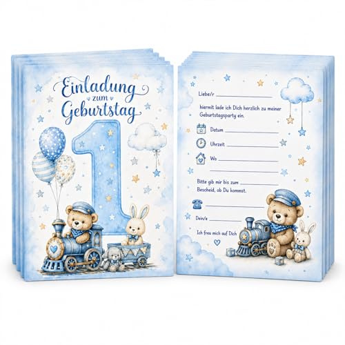 8 Einladungskarten erster Geburtstag zum 1. Kindergeburtstag blau Aquarell Niedlich für Jungen und Mädchen