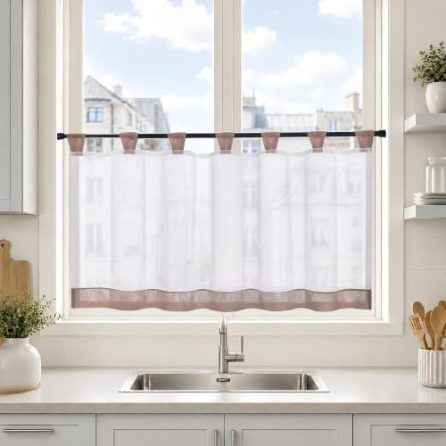 Joyswahl Bistrogardine Voile Schlaufen Scheibengardine Mia 60x145cm Braun | Gardinen Küchen Transparenter Vorhang,1er Pack,Küchengardinen modern,Kurzgardine,Kurzstores Küchenfenster