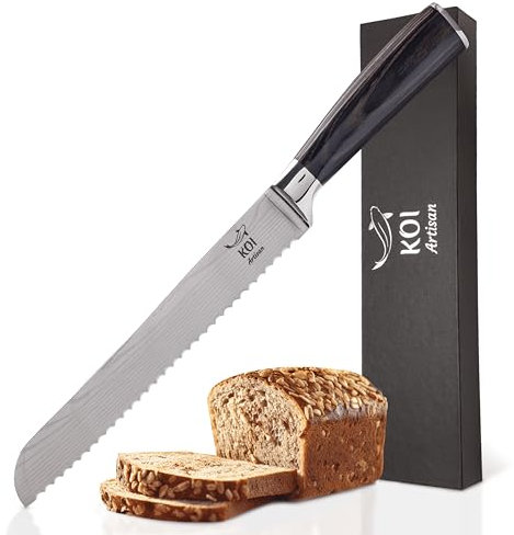 Koi Artisan - Coltello da pane grande, con lama affilata da 20,3 cm, in acciaio inox ad alto tenore di carbonio, modello di coltello damasco, design ergonomico