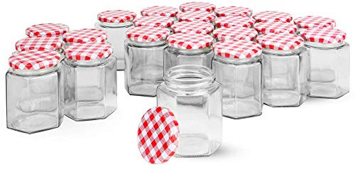 Hexagonal Glass Jam Jars – Set of 24 x 250ml Preserve Pots with Gingham Lids – Airtight Pickle, Sauce & Honey Jars – Glass Storage for DIY Gifting & Kitchen Use – M&W