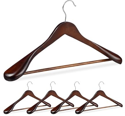 Relaxdays Anzug Kleiderbügel, 5er Set, breite Schulter, 360° drehbarer Haken, mit Hosenstange, Holzkleiderbügel, braun