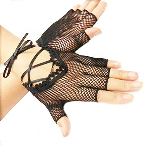 OKWIN Gants Féminins De Poignet Demi-Doigts Avec Des Filets Creux Et Croisés En Résille Lacent Des Mitaines Sexy