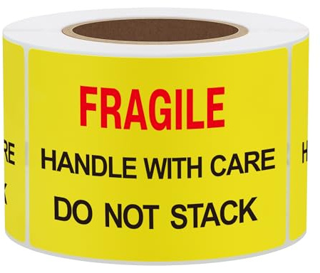 Hybsk Fragile Handle with Care Do Not Stack Palettenetiketten, 5,1 x 7,6 cm, Gelb, 300 Etiketten pro Rolle (Typ 1)