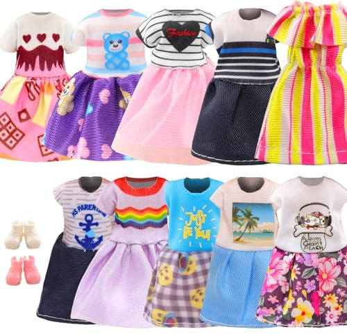 Miunana 12 Clothes Outfits for 6 Inch Dolls = 10 Dresses + 2 Shoes for Girl Dolls