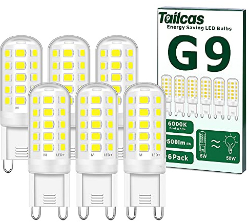 Tailcas 5W G9 Led Bulbs Cool White, Equivalent to 40W-50W G9 Halogen Bulb | 500LM 6000 Kelvin 220-240V No Flicker Non-Dimmable Energy Saving G9 Light Bulbs, for Chandeliers Home Lighting Decor 6-Pack