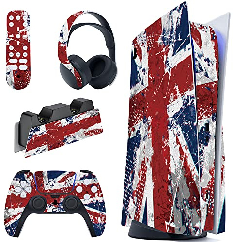 PlayVital Impression UK Flag Full Set Skin Decal for ps5 Console Disc Edition, Sticker Vinyl Decal Cover for ps5 Controller & Charging Station & Headset & Media Remote | Skin Sticker for PS5 Standard Console & Remote Control & Charging Station & Headphones