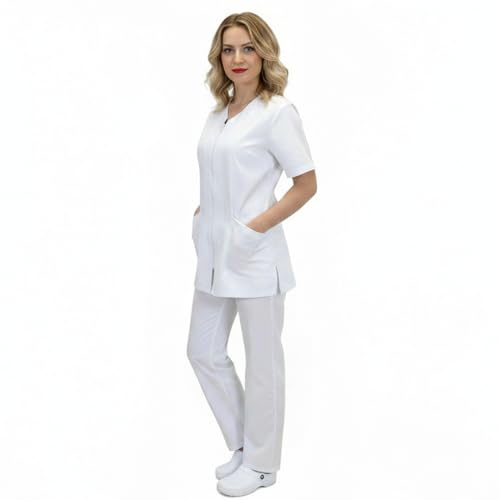 Divisa da lavoro donna,completa,sanitaria,infermiera,oss,ospedaliera,con zip,vari colori (XL, BIANCO)