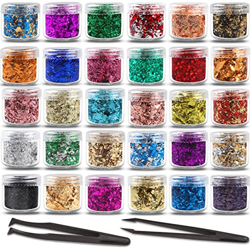 Abeewin Goldflocken für Harz, Metallic-Folienflocken, farbige Vergoldungsflocken, Bastelfolie für Harz, Nagelkunst, Schmuckherstellung, Kerzenformen und Malerei, 30 Farben