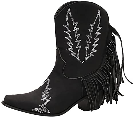 Woaikeyu Vintage Botines Mujer con flecos Western Cowboy Botas Cortas sin cordones botas al aire libre tacón grueso botas, Negro , 42 EU