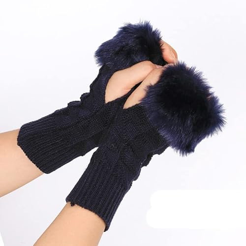 Winter Armstulpen Pulswärmer für Damen,Kunstpelz Fellhandschuhe Pulswärmer Manschetten Halb Fingerlose Handschuhe Fäustlinge Kurzer Winter Armwärmer Stricken Armlinge Gestrickte Handwärmer,Blau