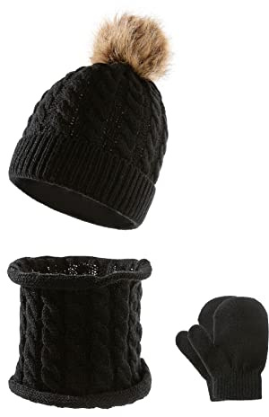 3 en 1 Bonnet Echarpe Gants Tricotés Enfants Thermique Ensemble Gant Bonnet Echarpe avec de Jolis Pompon Bonnet Bébé Elastique Cache-Cou Épais Convenant Garçons Filles Agés de 0 à 36 Mois
