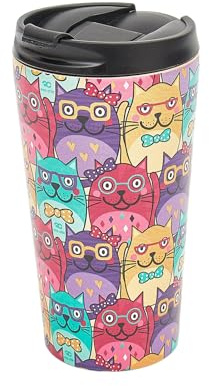 ECO CHIC Tasse à café thermique réutilisable | Tasse de voyage isotherme en acier inoxydable avec couvercle anti-fuite | Utilisable pour boissons chaudes et froides (Chats avec lunettes Multicolore)