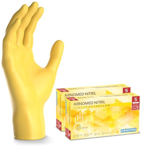 200x ARNOMED® Einweghandschuhe Gelb, Nitril Handschuhe, Einmalhandschuhe S | Nitrilhandschuhe Einweg puderfrei, Gummihandschuhe Einweg, Schutzhandschuhe, Handschuhe Nitril in XS, S, M, L