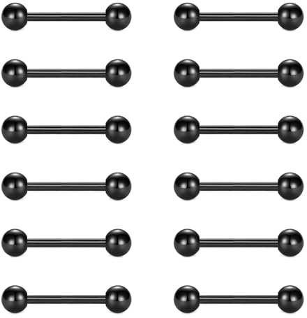 FECTAS 12stk Zunge Bars Nippel Bars Nippel Piercing Schmuck 14G 14mm Zunge Bar Piercing Edelstahl Schwarz Nippel Zunge Piercing Schmuck