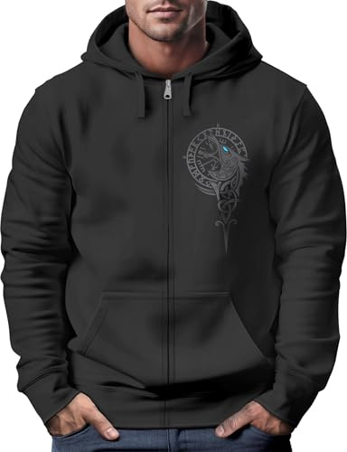 Neverless® Sweatjacke Herren mit Kapuze Fenrir Nordische Mythologie Wikinger Print Zipjacke Männer Schwarz 3XL