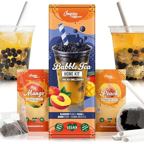 INSPIRE FOOD Kit Bubble Tea Complet | Myrtille Boba & Pêche Mangue Sirop | Kit Bubble Tea avec Perles Popping Boba et Sirop - 100% vegan et sans gluten, sans colorant artificiel
