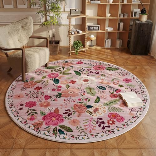 Rugcomf Runder Teppich, 182 cm, waschbar, rutschfest, Boho-Blumenmuster, niedriger Flor, kleiner runder Teppich für Schlafzimmer, Badezimmer, Eingangsbereich, Kinderzimmer, Büro, Wohnheim (Rosa)