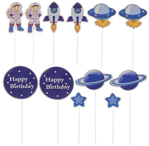 Amosfun 12pcs Astronaut Cake Toppers Space Birthday Decorations Theme Picks for Cake