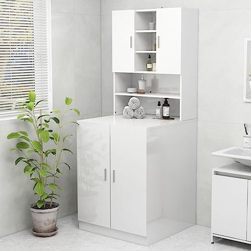 HXZZXS Waschmaschinenschrank mit weißen Hochglanztüren aus mehrschichtigem Holz, 70,5 x 25,5 x 90 cm, Produktschrank für Badezimmer mit Türen, Waschmaschinenschrank