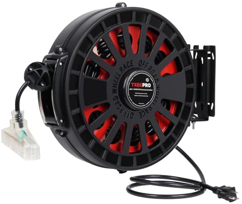 Txecpro Retractable Extension Cord Reel, 45 FT, Heavy Duty 12AWG/3C SJTOW Power Cord, with Lighted Triple Tap Outlet, 15 Amp, Swivel Bracket for Ceiling or Wall Mount,UL Listed