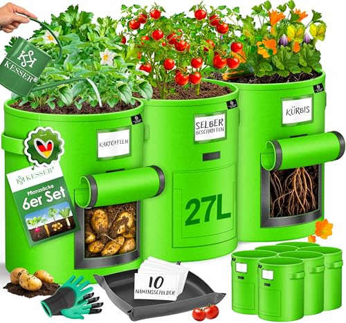 KESSER® Kartoffel-Pflanzsack 6-Set 27L | Kartoffel-Pflanzbeutel aus Vlies mit Namensschildern | Pflanztasche mit Fenster & Griffen | Kartoffelpflanzgefäß waschbar mit Handschuhen & Arbeitsmatte Grün