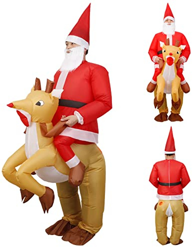 saerryor Christmas Inflatable Santa Claus Costume Santa Ride on Elk Reindeer Suit Xmas Carnival Halloween Party Costume Prop for Adult
