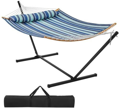 Yaheetech Amaca da Giardino Esterno Imbottita Doppia in Telo Cotone con Supporto in Acciaio Cuscino Campeggio per 2-3 Persone Pieghevole Portatile con Borsa Regolabile Portata 216 kg Strisce Blu