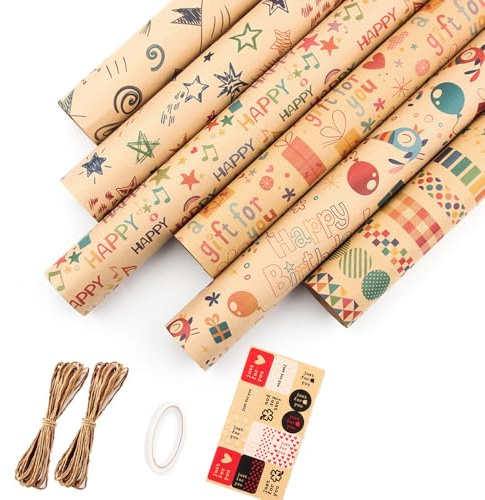 Juegos de papel de regalo de papel kraft, papel de regalo de cumpleaños, papel de regalo del día de San Valentín para manualidades, embalaje de regalo, 6 hojas de papel de regalo vintage + cuerda +