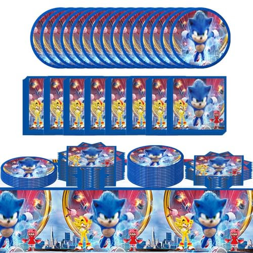 Stoviglie per Feste di Compleanno,Kit Compleanno Piatti Tovaglia Tovaglioli,Adatto per 10 persone (J)